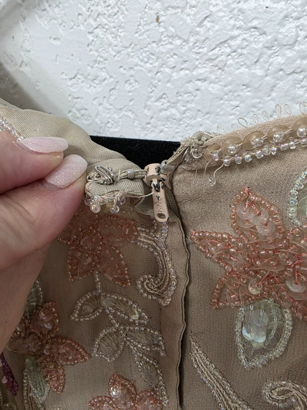 Vintage Beaded Beige Dress Floral Embellished Swing‎ Midi No Tags - Picture 6 of 11
